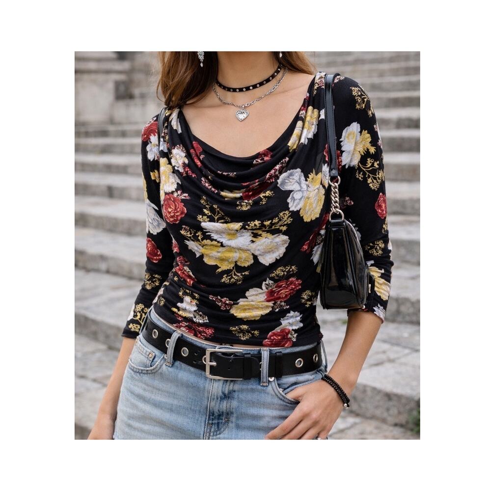 H&M Y2K Floral Cowl Neck Top Women’s Large Sheer 3/4 Sleeve Viscose